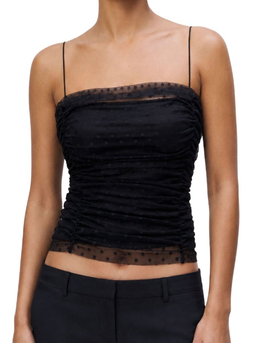 Reformation Amber Top Black Polka Dot Layered Mesh Ruched Tulle Camisole Top 0
